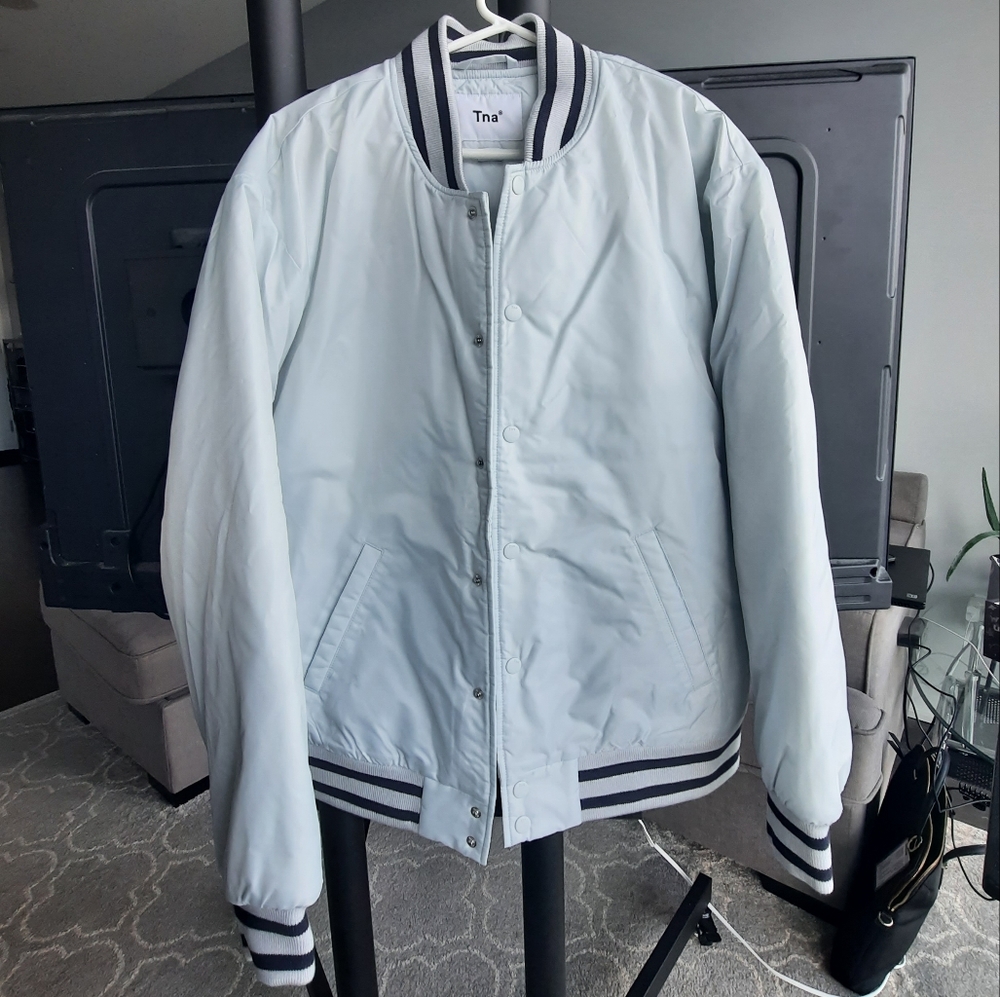 Baby Blue TNA varsity jacket, size Large